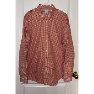 Brooks Brothers 346 Orange Gingham Check Long Sleeve Button Down Mens Shirt XL